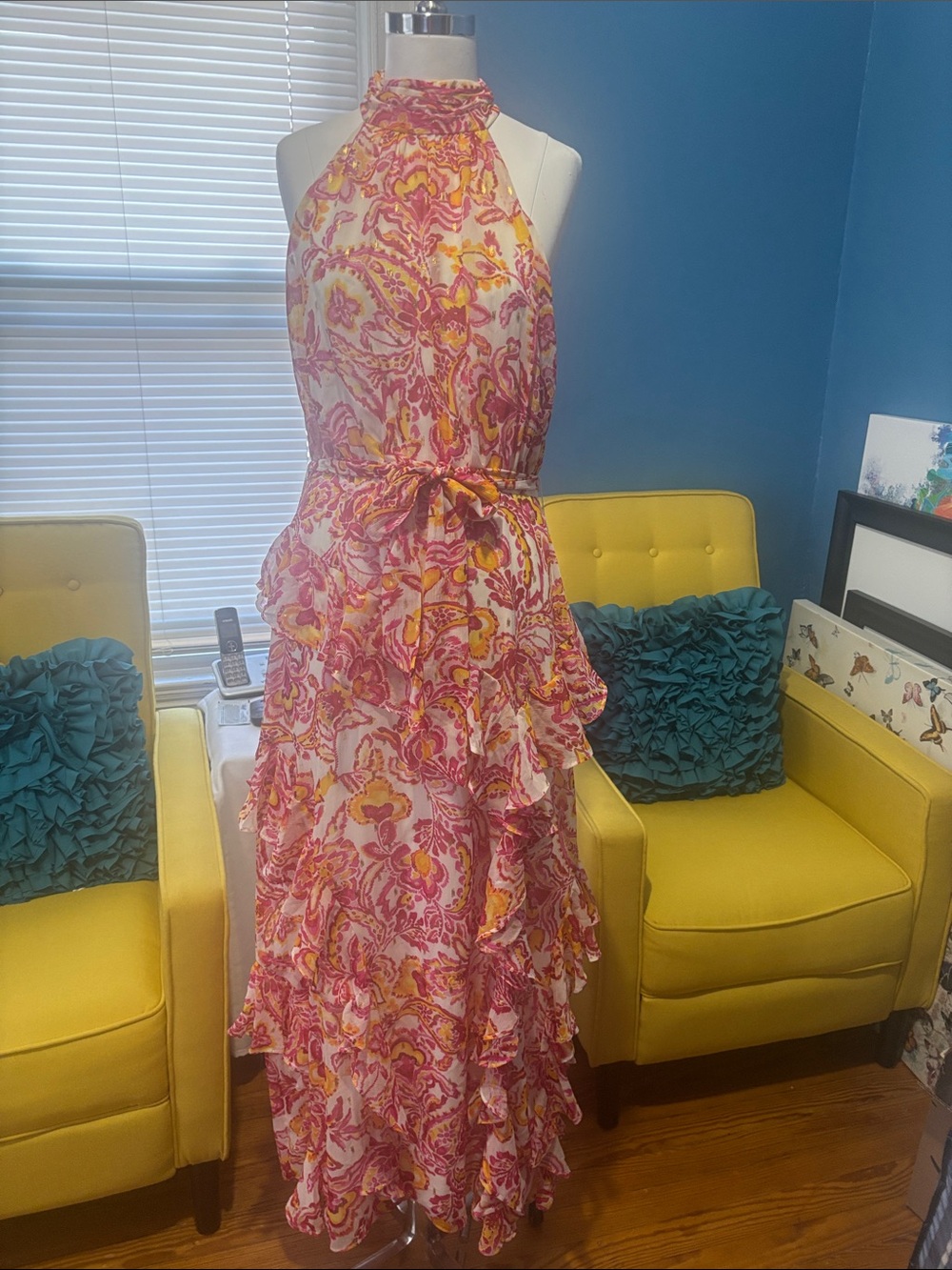 CeCe Pink and Yellow Halter Ruffle Maxi Dress